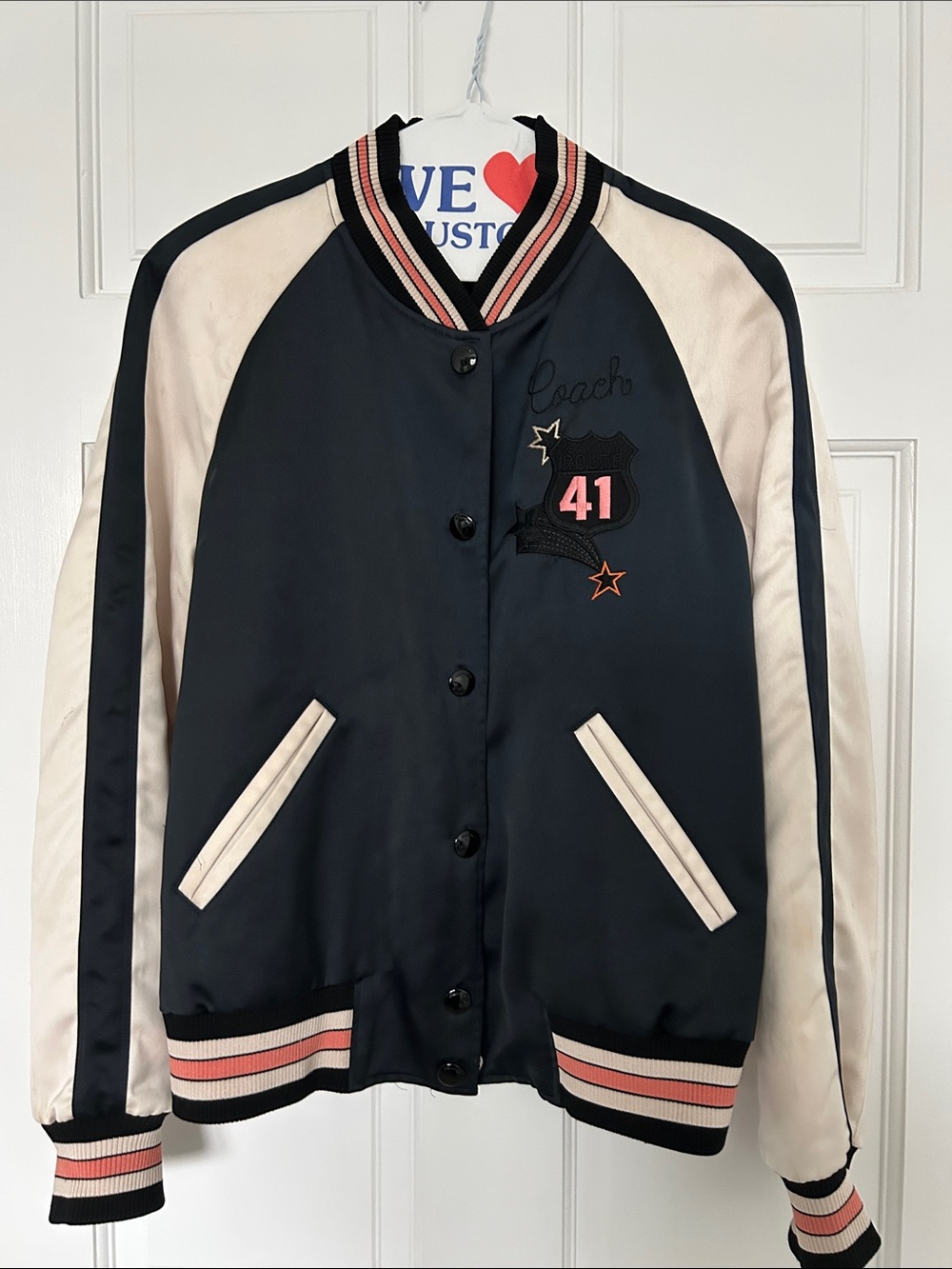 Coach Navy and Cream Varsity Jacket with Pink Stripe Trim